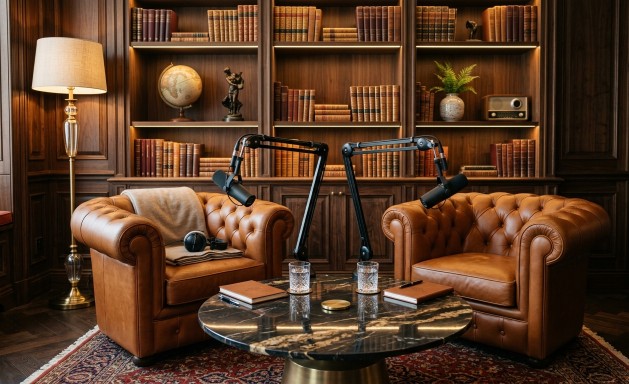 Studio Ambre — deux fauteuils Chesterfield en cuir dans une bibliothèque, plateau podcast Pop-Cast