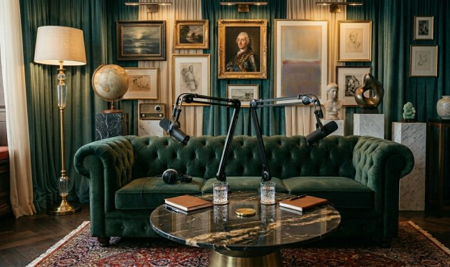 Studio Emerald — canapé trois places en velours émeraude, plateau podcast Pop-Cast